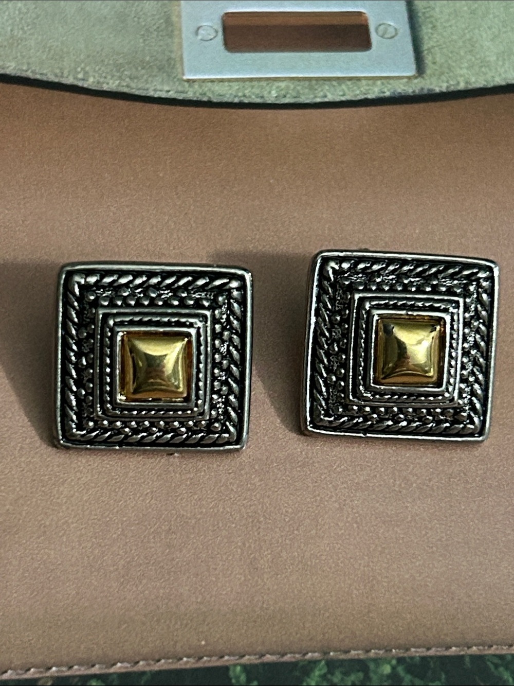 Vintage Douglas Poguette Two-Tone Square Stud Earrings in Silver and Gold